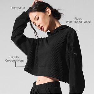 ALO Yoga Muse Hoodie Black Ribbed Cropped Sweatshirt Sz S